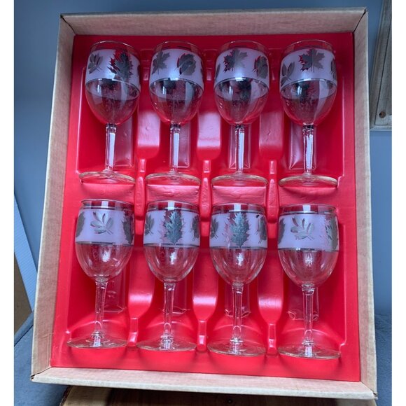 Set of 8 Vintage Libbey Silver Foliage 10 Oz Goblet Wine Glasses In Original Box - Picture 1 of 10